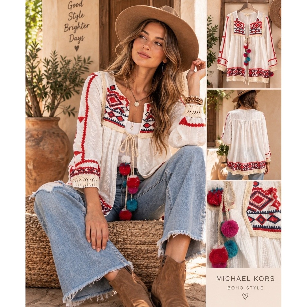 Michael Kors Boho Embroidered Cotton Tunic Top L White Pom Pom Tassel NWT